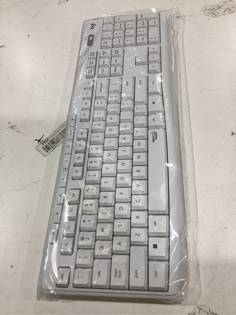 Condition photo showing As Is for logitech mk295 wireless keyboard with silenttouch technology, missing parts, full numpad, advanced optical tracking, lag-free wireless, 90% less noise - off white off-white
