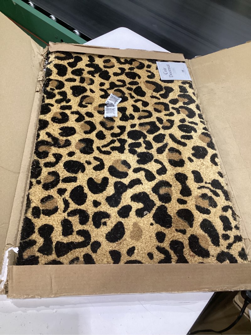 Condition photo showing As Is for dii colorful design natural coir doormat, leopard spots, size unknown