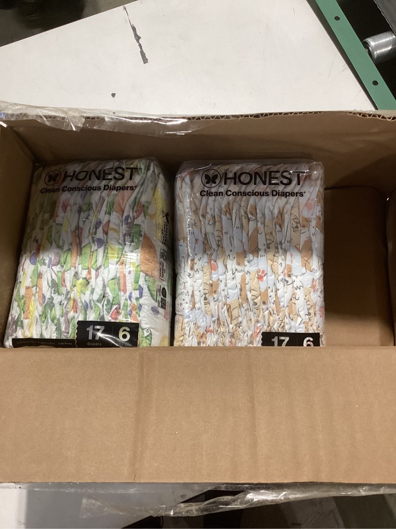 Condition photo showing As Is for The Honest Company Clean Conscious Diapers for Delicate Skin | Up to 100% Leakproof | Hypoallergenic, Fragrance Free | Winter '25 Limited Edition Prints | Club Box, Size 6 (35+ lbs), 40 Count Size 6 (40 Count) Adorably A-moosing + Winterwear Wags