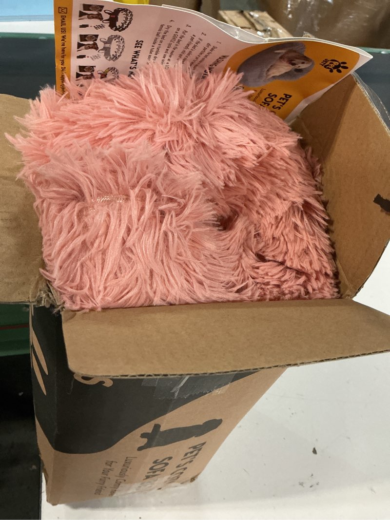 Condition photo showing As Is for petjett calming dog bed for small dogs – 23" donut dog beds, anti-slip & washable fluffy plush faux fur pet bed, anti-anxiety premium comfort round puppy bed, fits dogs up to 25 lbs – pink pink small - 23”l x 23”w x 8”th
