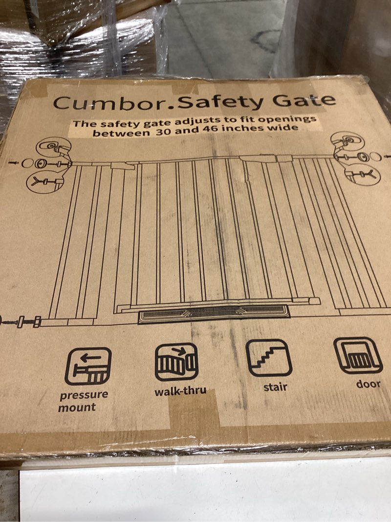 Condition photo showing New/Like New for cumbor 30-46" baby gate for stairs, auto close dog gate for doorways white | toddler safety essentials for the house, mom's choice awards winner-easy install pressure/hardware mounted pet gate for dogs