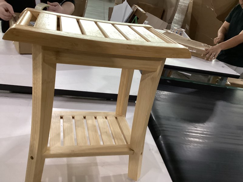 Condition photo showing Good Condition for unibambou bamboo shower bench inside shower stool with storage shelf, spa bath chair for bathroom, seat or organizer for living room, bedroom and garden - great for all ages elderly (small, natural) natural small 16x10x17 inch