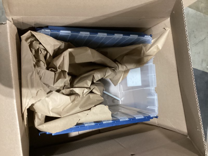 Condition photo showing As Is for akro-mils keepbox 12 gallon storage container, nesting and stackable plastic storage box with lid attached and rails for letter size hanging file folders, 21" x 15" x 12", clear/blue keepbox file box
