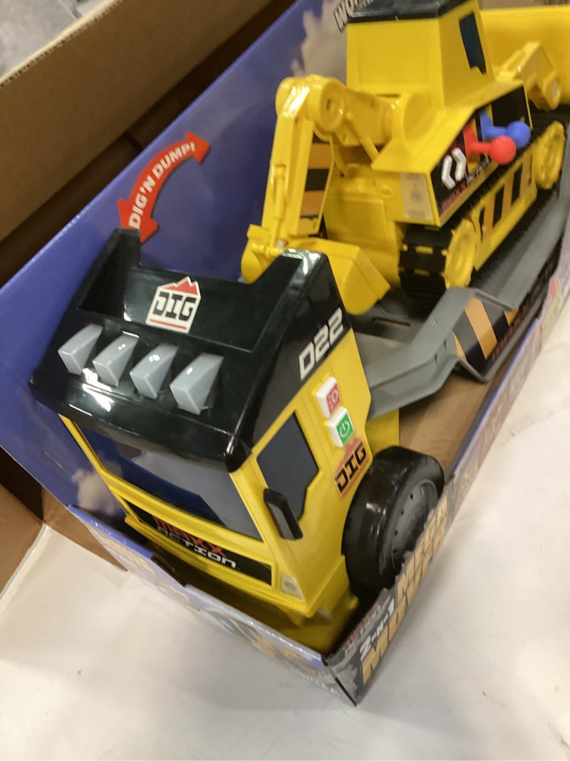 Condition photo showing New/Like New for Maxx Action Sunny Days Entertainment 2-N-1 Mega Mover – Construction Truck and Trailer with Lights, Sounds and Motorized Drive, Yellow, Large