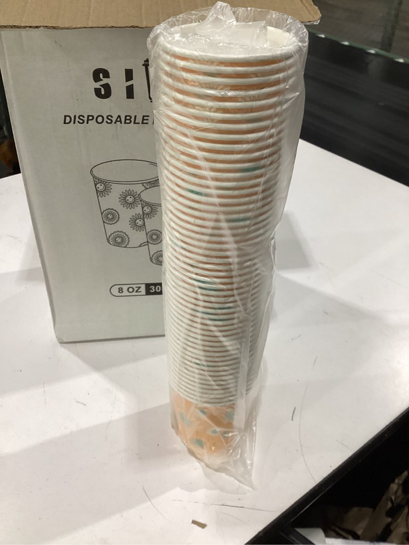 Condition photo showing Good Condition for siuq 300 pack paper cups 8 oz, disposable coffee cups, paper coffee cups 8 oz, colourful hot/cold beverage drinking cup for water juice or tea, office party home travel - daisy daisy 8oz-300 pack