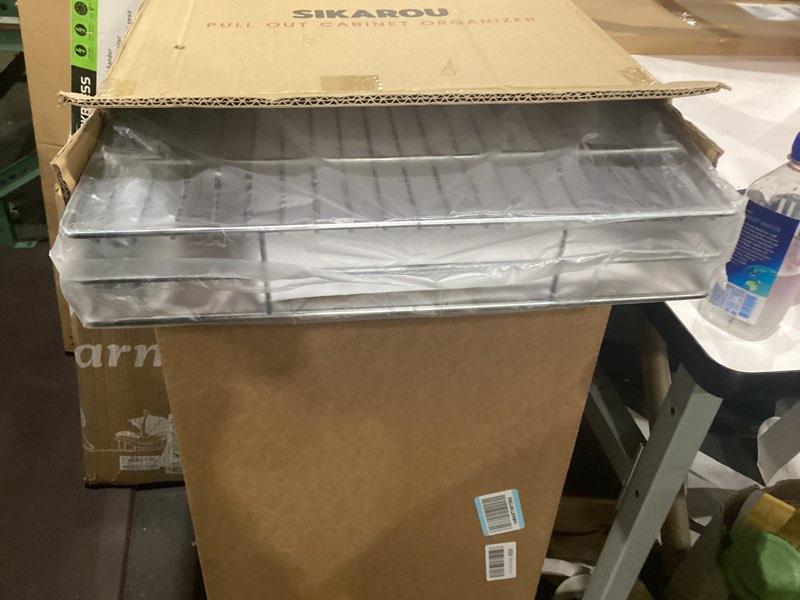 Condition photo showing New/Like New for pull out cabinet organizer 17" w x 21" d, heavy duty kitchen cabinet pull out shelves, slide out wire basket for kitchen cabinets, bathroom, pantry, chrome finish 17 * 21 in