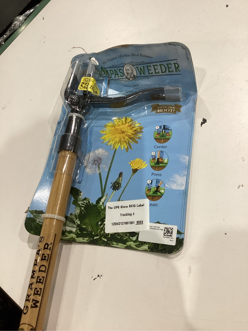 Condition photo showing New/Like New for grampa s weeder - the original stand up weed puller tool with long handle - made with 4-claw steel head design - easily remove weeds without bending  pulling  or kneeling