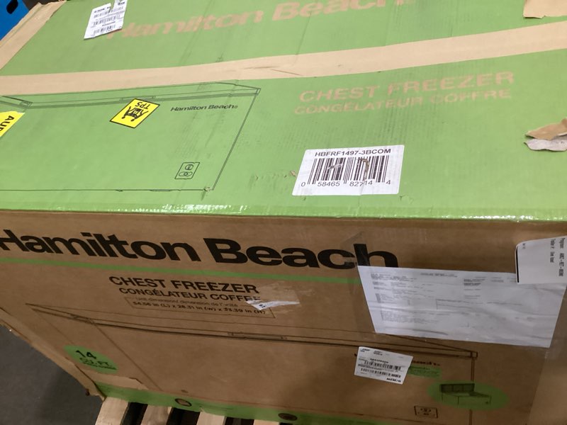 Condition photo showing As Is for 14 cu ft Chest Freezer - White, Large Storage for Families, Space-Saving Flat Back, Front Drain, Garage Ready - By Hamilton Beach