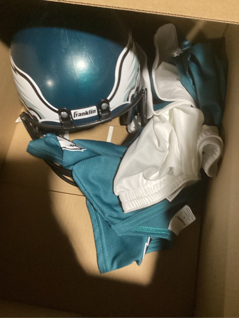 Condition photo showing As Is for Franklin Sports NFL Youth Football Uniform Set for Boys & Girls - Includes Helmet, Jersey & Pants with Chinstrap + Numbers Philadelphia Eagles Large