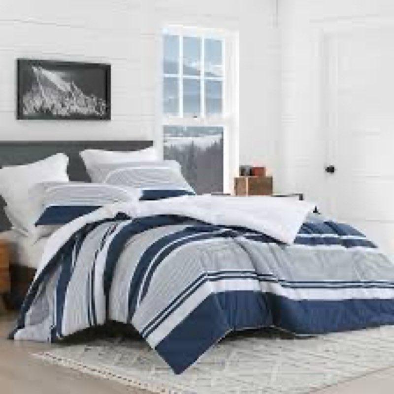 Finlonte King Size Comforter Set 6 Pieces, Navy Blue Grey White Striped Bedding, 100% Cotton Luxury 