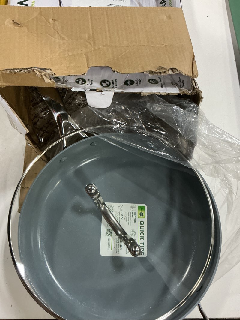 Condition photo showing As Is for greenpan valencia pro hard anodized healthy ceramic nonstick 4.5qt saute pan jumbo cooker with lid, pfas-free, induction, dishwasher safe, oven safe, gray