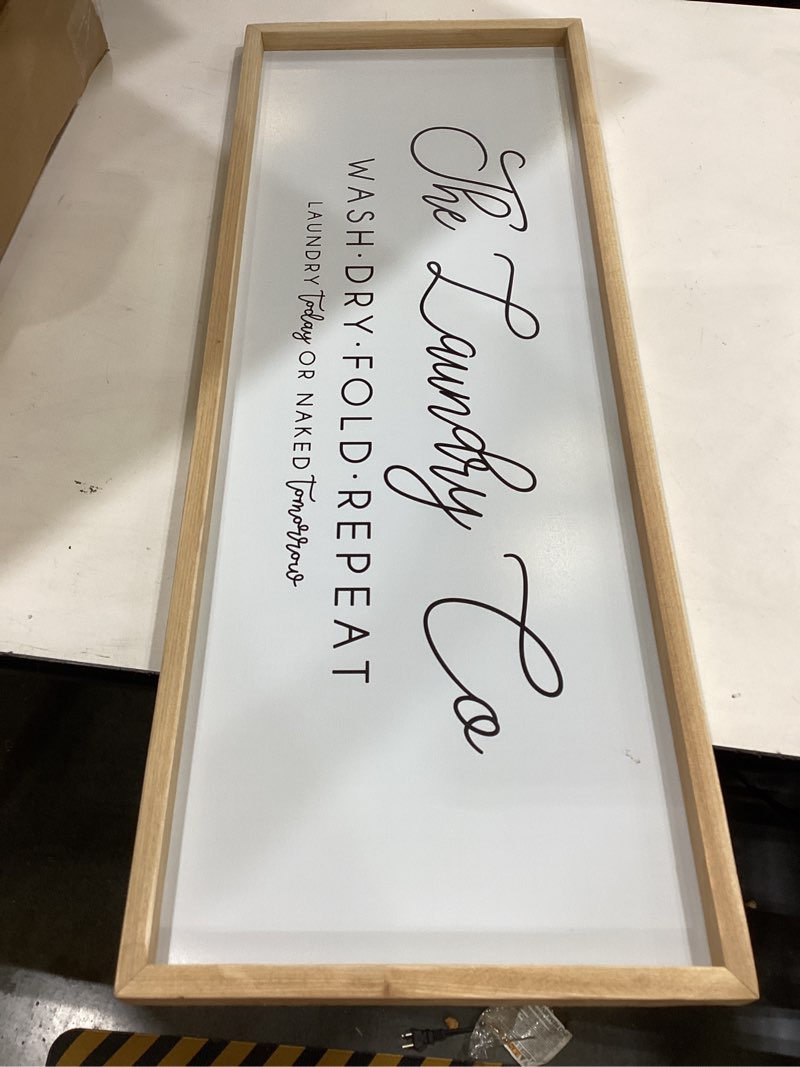 Condition photo showing Good Condition for laundry room wall decor 32"×12" laundry today or naked tomorrow sign wash dry fold repeat large funny farmhouse vintage quote humorous hanging art (wood) 32"l x 12"w laundry room wall decor (wood)