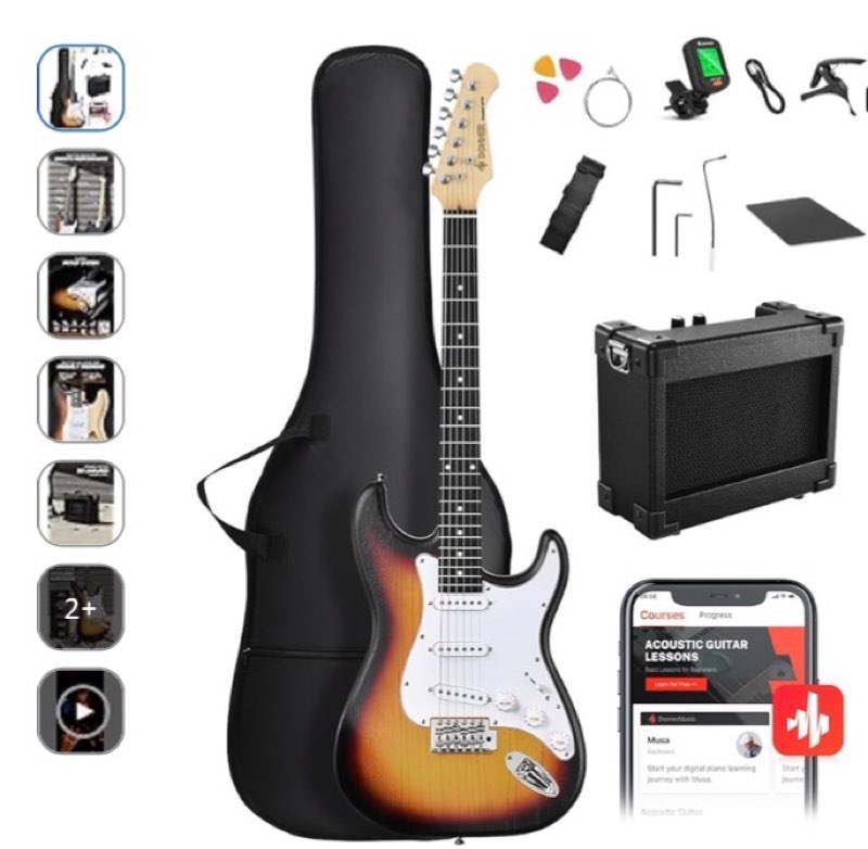 donner dst-80 electric guitar 39” beginner electric guitar kit with amp, classic sss pickup complete with gig bag, tuner, capo, strap, picks, and free online lessons
