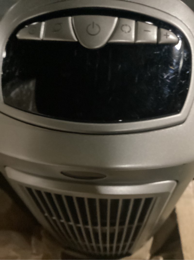 Condition photo showing New/Like New for Lasko High Velocity Oscillating Tower Fan for Bedroom, Garage, Basement, and Gym with Remote Control, Timer, 3 Powerful Speeds, 35" Silver/Black, U35115