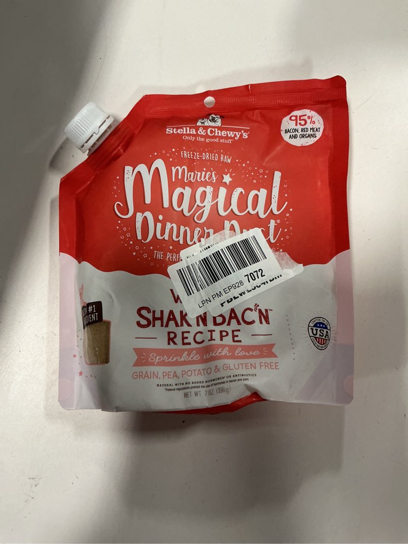 Condition photo showing New/Like New for Best by 12/15/2026 Stella & Chewy's Freeze-Dried Raw Marie's Magical Dinner Dust - Premium Bacon Dog Food Topper with Organic Fruits & Vegetables - Perfect for Picky Eaters - 7oz What's Shak'n Bac'n