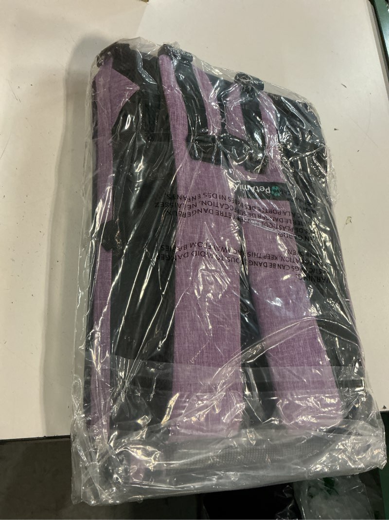 Condition photo showing New/Like New for petami dog backpack carrier for small large cat, pet, puppy, ventilated pet hiking backpack travel bag, airline approved cat backpack carrier, camping biking dog bag up to 18lbs pet, purple heather purple