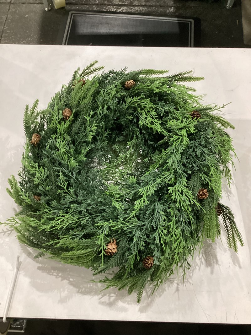 Condition photo showing Good Condition for 26in christmas wreath,christmas pine wreath for front door,real touch norfolk?cedar leaves wreath for indoor outdoor, home, holiday, mantle,wall decor green 26 in