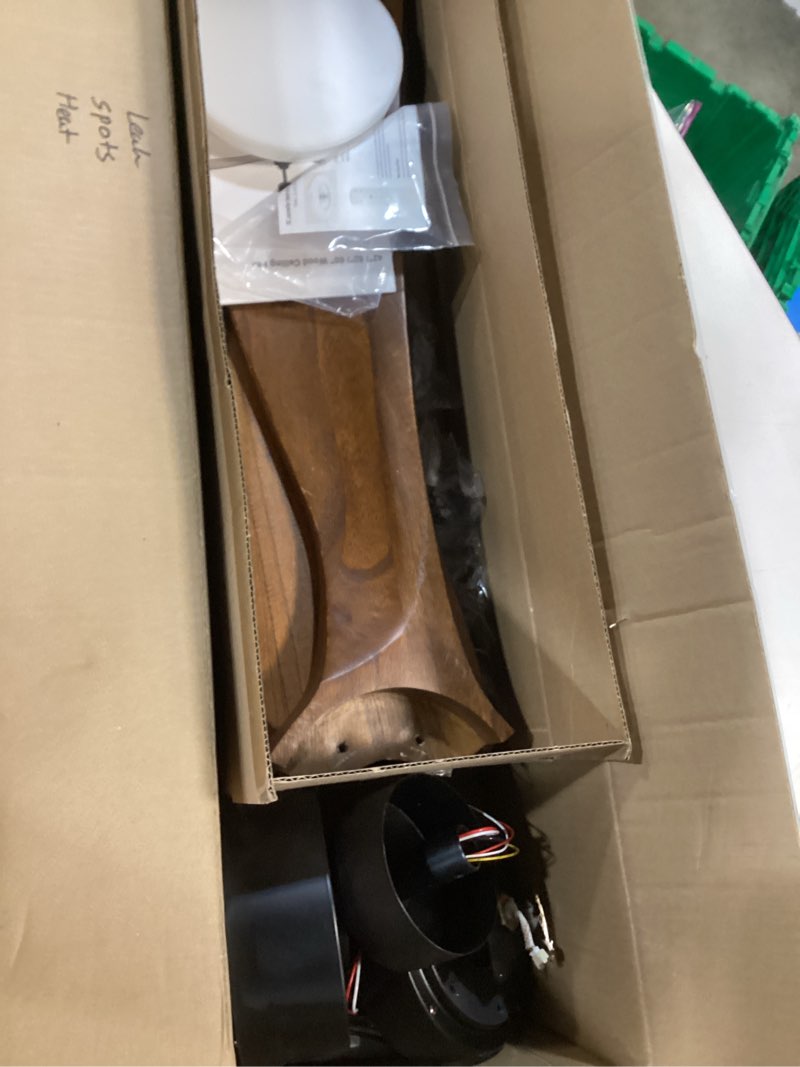 Condition photo showing As Is for 52” Ceiling Fans with Remote Control/Dimmer and Color Reduction with 3 Solid Wood Fan Blades, Ceiling Fan can be Used Indoors and Outdoors for Living Room, Dining Room, Pavilion Yard. Black + Walnut 52-inch