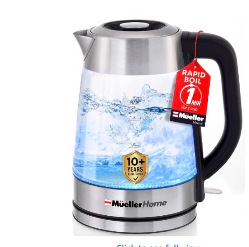 mueller home rapid boil electric tea kettle 1.8l – borosilicate glass & stainless steel – bpa-free hot water boiler, led light, auto shut-off, boil dry protection fast water heater, kitchen appliances
