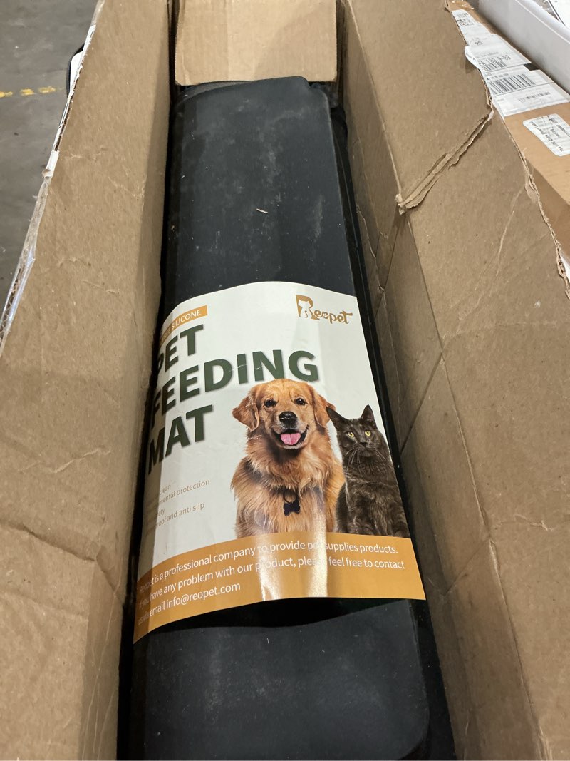 Condition photo showing As Is for waterproof pet feeding mat with high raised edges, heavier and thicker placemats for cat dog water bowl with bpa free, dogs cats food mats for messy drinkers to prevent spill and protect floors 22" x 14" black