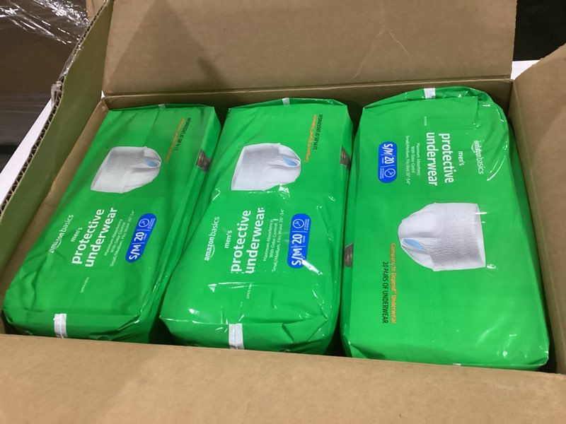 Condition photo showing New/Like New for Amazon Basics Incontinence Underwear for Men, Maximum Absorbency, Small/Medium, 60 Count (3 Packs of 20) Small/Medium 60