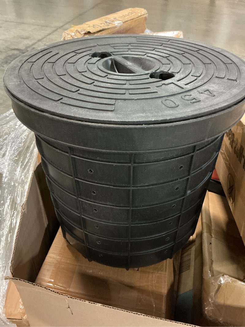 Condition photo showing Good Condition for perforated sump basin with lid sump pump basin perforated sump pump bucket with drilled holes for crawl spaces, yards, patios and driveways (black,18.5 x 16.9 x 15.7 inch)