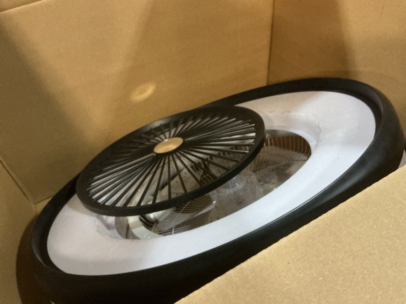 Condition photo showing As Is for 24" Bladeless Ceiling Fans with RGB Light, Low Profile Ceiling Fan with Light, Smart Modern Ceiling Fan with App/Remote/Voice Control, 3 Dimmable LED Light for Bedroom, Living Room Black Black & RGBCW