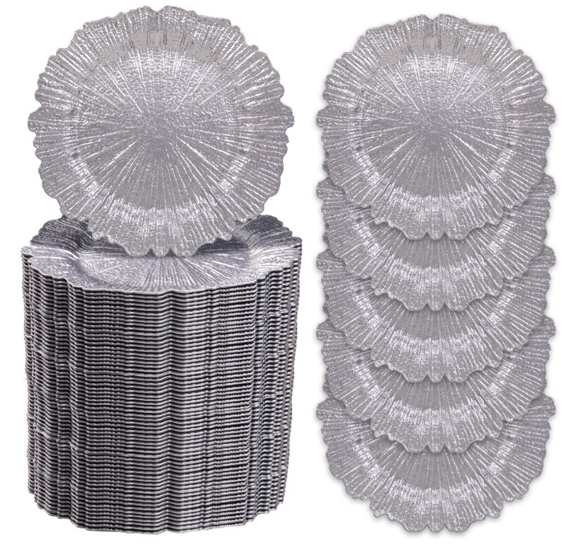 MAONAME 13" Silver Charger Plates Set of 100, Reef Plate Chargers Bulk, Round Charger for Dinner Plates, Plastic Table Chargers for Wedding Decor
