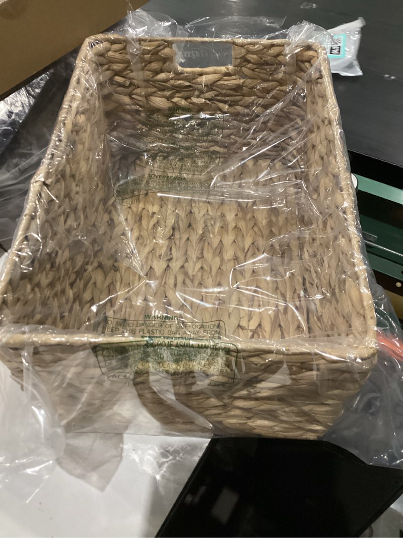 Condition photo showing item condition for Large Rectangular Handwoven Wicker Basket - Natural Water Hyacinth Storage Baskets with 2 Built-in Handles - Ideal for Towel, Blankets, and Home Organizer & Decor - 16.5"x13"x7.50" - Brown 16.D5x13Wx7.5H