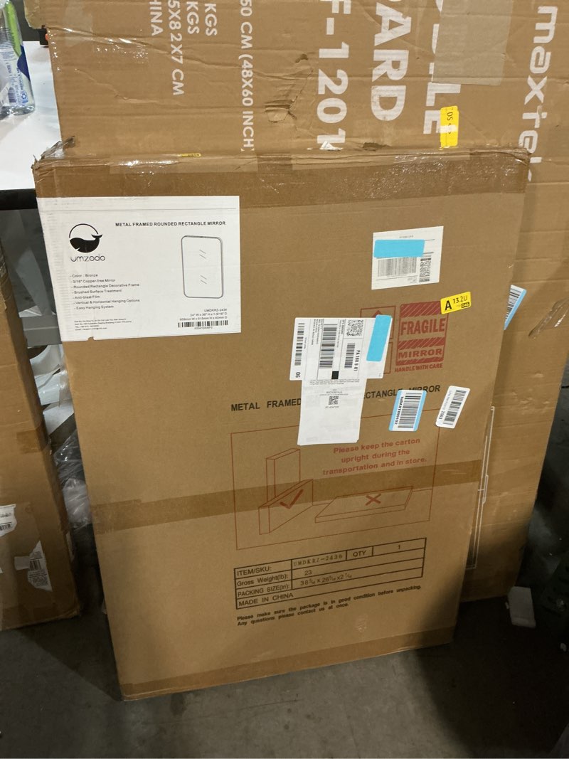 Condition photo showing New/Like New for 24"x36" Brushed Bronze Metal Framed Rounded Rectangle Mirror, Brown Wall Mounted Mirrors for Bathroom Entryway Vanity Living Room Bedroom, Vertical or Horizontal 36"L x 24"W Brushed Bronze