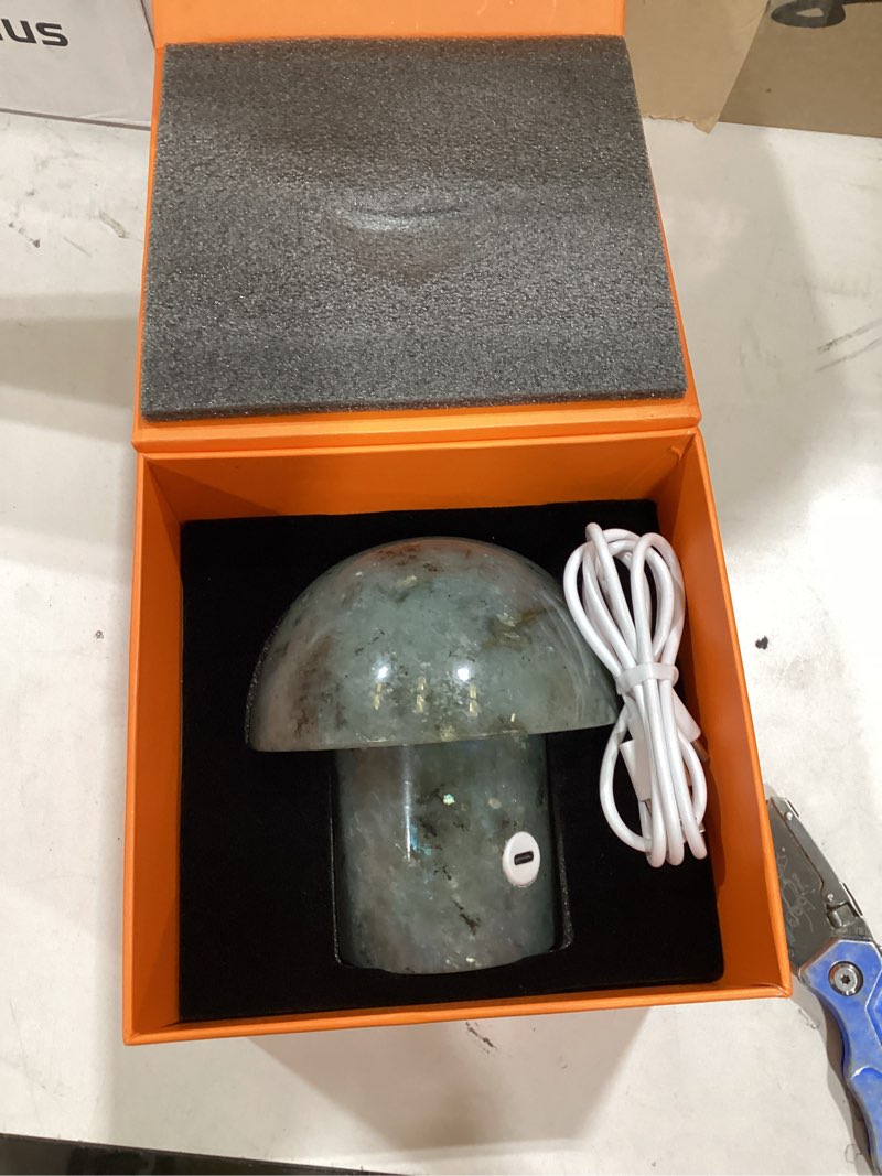 Condition photo showing As Is for handcrafted onyx mushroom lamp - 4.3" x 4.7" natural marble stone night light with 3-level brightness, rechargeable touch led accent light for bedroom, office, gift blue jadeite