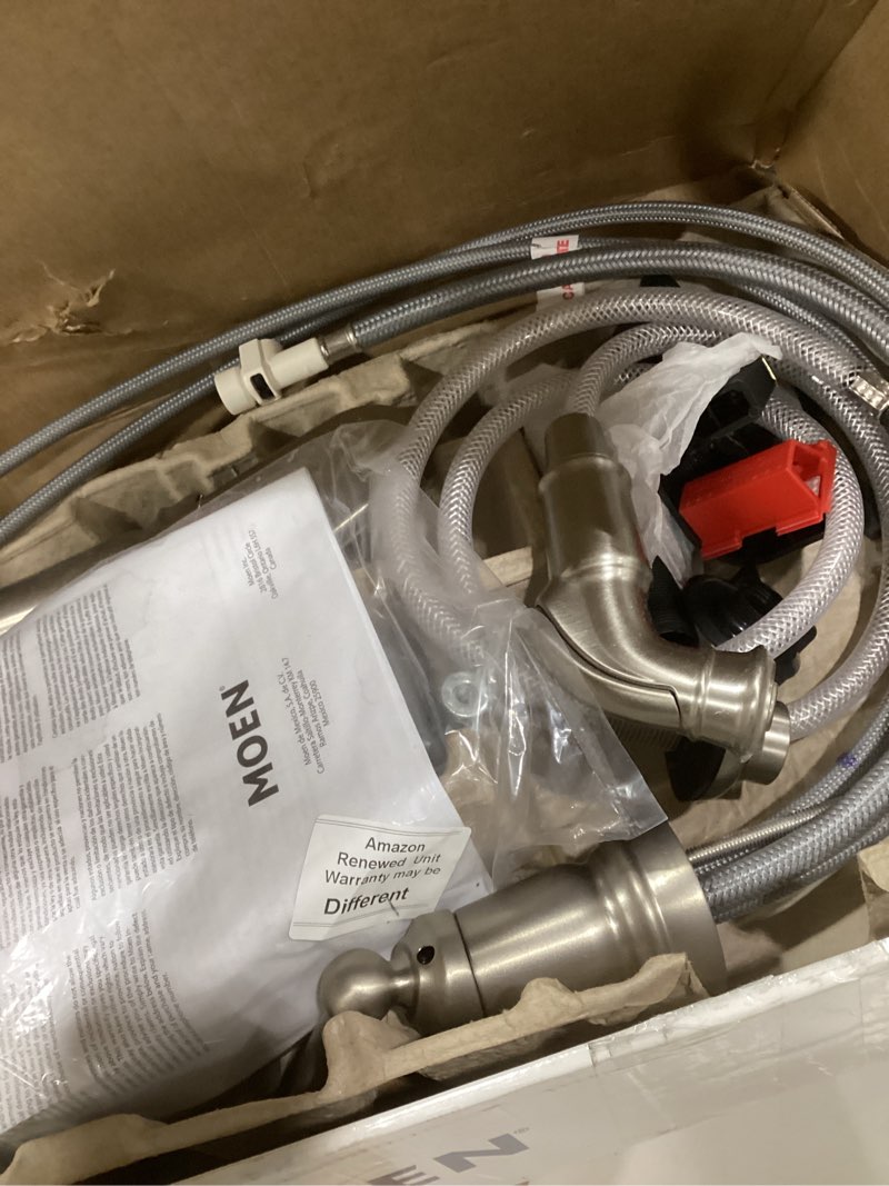 Condition photo showing As Is for Moen Edison Spot Resist Stainless One-Handle High Arc 4-hole Kitchen Faucet with Side Sprayer and Soap Dispenser, 87042SRS