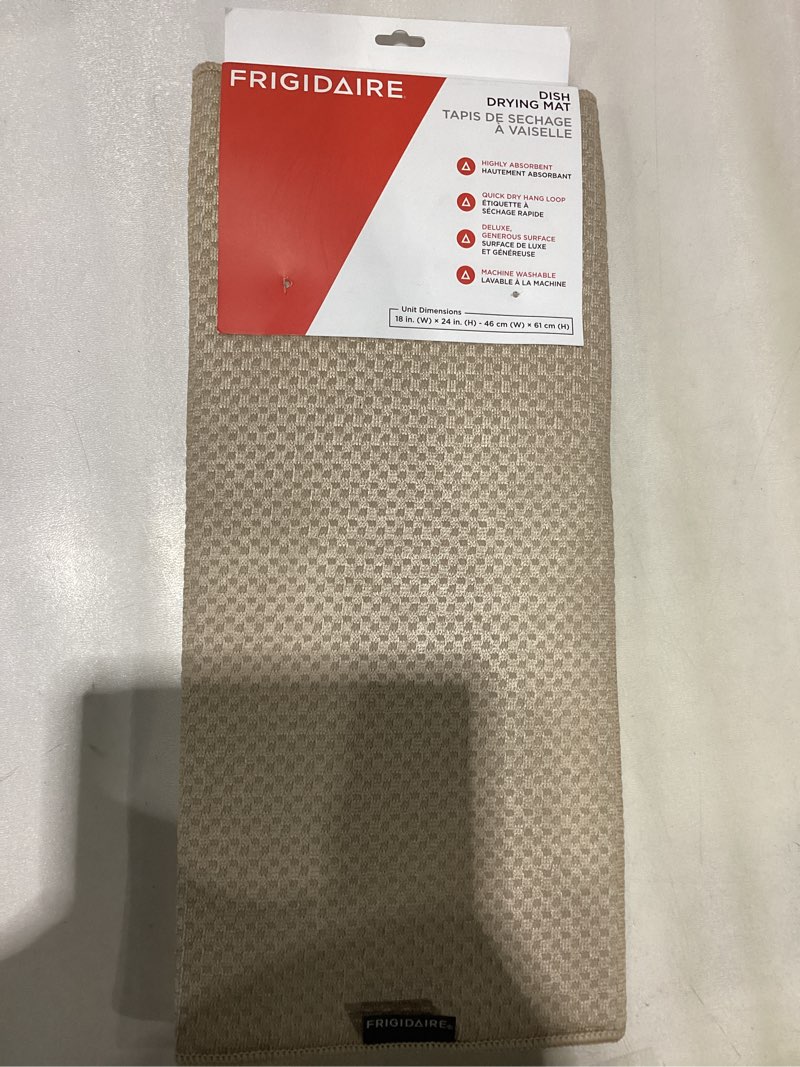 Condition photo showing New/Like New for Frigidaire Grant Polyester Dish Drying Mat,Kitchen Counter, Machine Washable,Polyurethane Interior, 18in W x 24in L -Beige