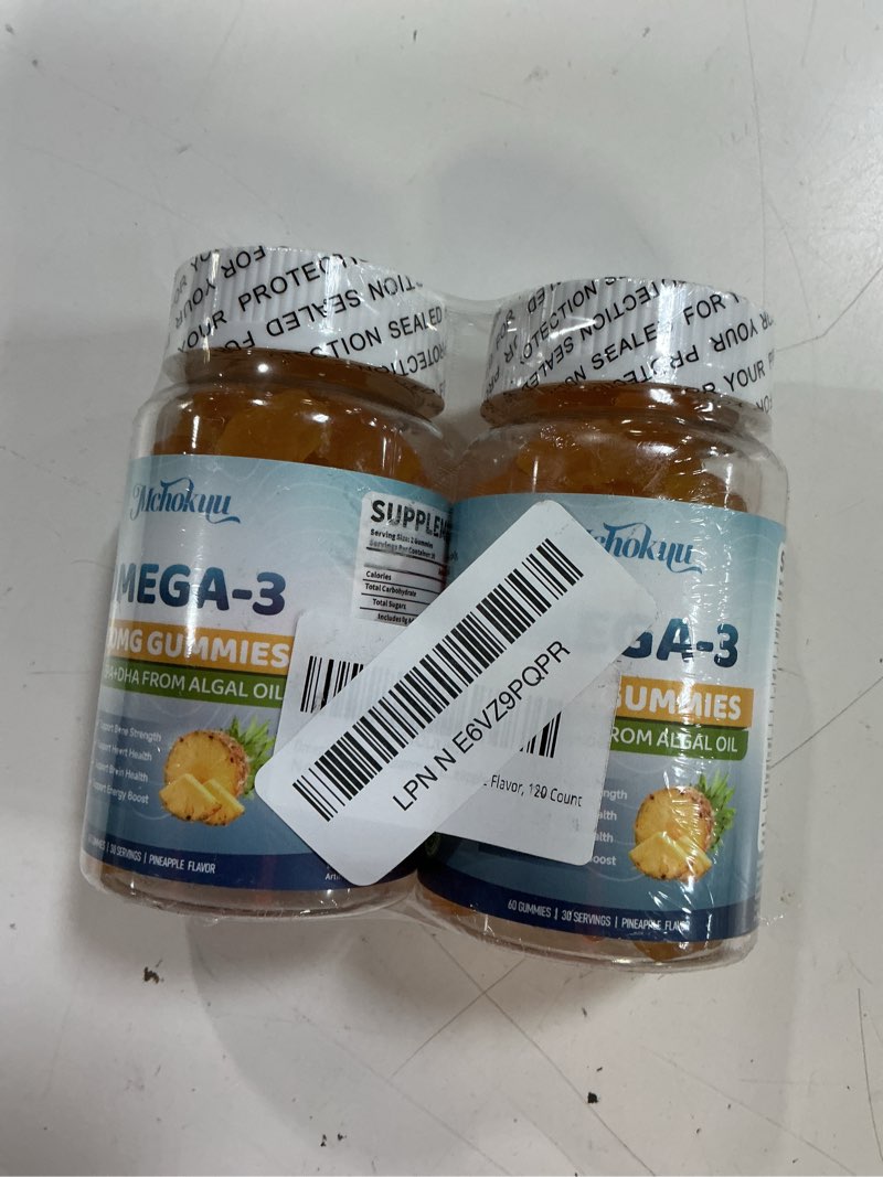 Condition photo showing New/Like New for exp/23/10/2027)vegan omega-3 gummies 1600mg epa & dha from algal oil, fish oil alternative for adults & kids, omega 3 supplement with vitamin d3 k2 for brain, eye & immune health sugar free pineapple, 120 count 60 count (pack of 2)