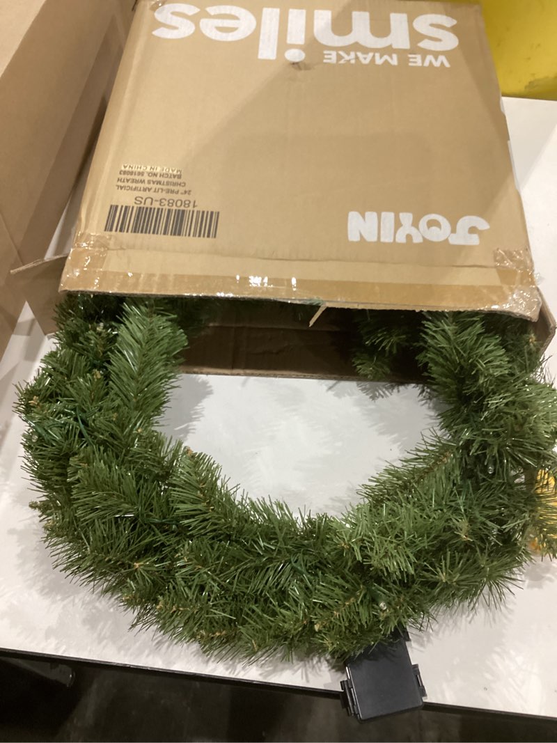 JOYIN 24'' Pre-Lit Christmas Wreath with Warm Lights, Large Lighted Christmas Wreaths for Front Door
