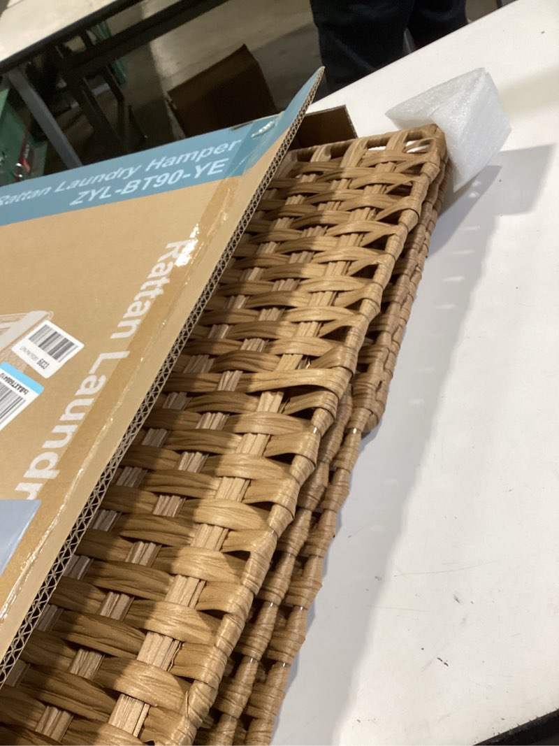 Condition photo showing Good Condition for dumos woven laundry basket with lid, 90l large capacity hamper, removable & machine-washable liner, foldable rattan clothes hamper, sturdy steel frame, odor control, goose yellow goose yellow 90l