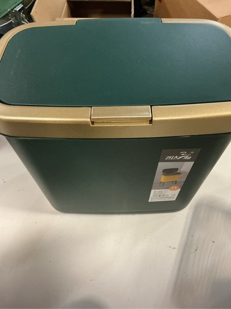 Condition photo showing Good Condition for wanwanka trash can with lid, plastic garbage can with push button, modern waste basket for kitchen, slim bedroom garbage bin, 15l bathroom trash can for home, living room, toilet, office (gold edge)