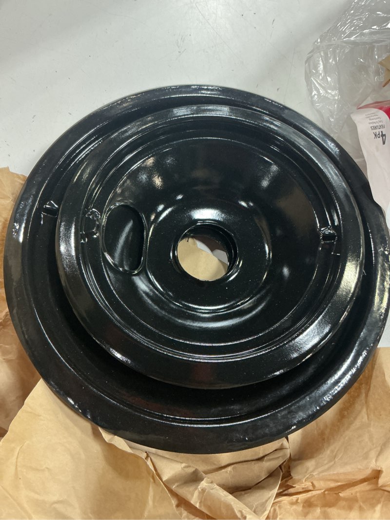 Condition photo showing As Is for 4 pack black cooktop drip pans, compatible with ge hotpoint stove. include 2 pcs 6'' range replacement drip pans and 2 pcs 8 '' burner drip pans for electric stove top ge/hotpoint black-2