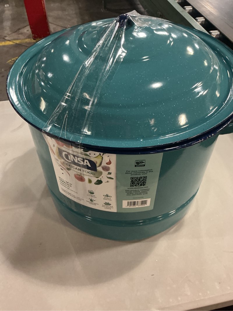 Condition photo showing As Is for cinsa 34-quart enamel on steel steamer pot with lid & trivet, blue