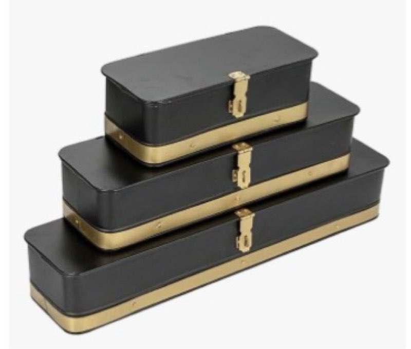 creative co-op decorative metal boxes with lid, black with gold band, set of 3