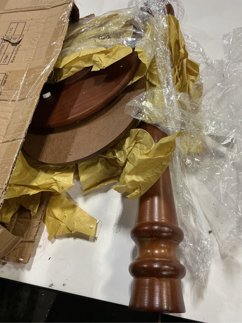 Condition photo showing Good Condition for swallowliving small drink table, brown wooden round side table, narrow modern end table with pedestal stand for small spaces, beside sofa couch & office, tall plant display stand, 12" w x 25" h brown hourglass