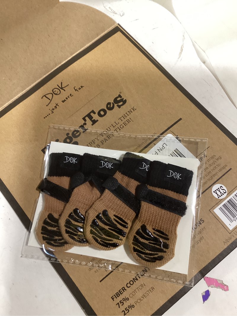 Condition photo showing New/Like New for DOK TigerToes Premium Non-Slip Dog Socks for Hardwood Floors - Extra-Thick Grip That Works Even When Twisted - Prevents Licking, Slipping, and Great for Dog Paw Protection (XXS, Cool Caramel) Cool Caramel Extra Extra Small