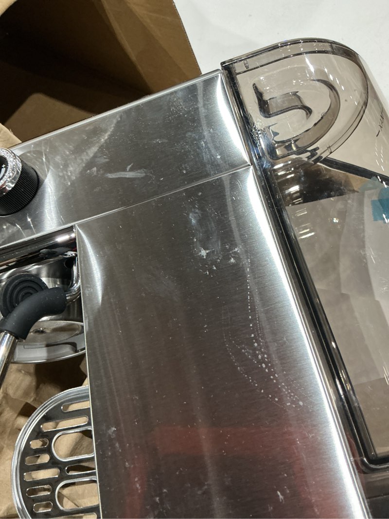 Condition photo showing As Is for neretva 20 bar espresso machine, super compact professional stainless steel coffee maker with powerful steam and led display for home, barista latte and cappuccino, silv