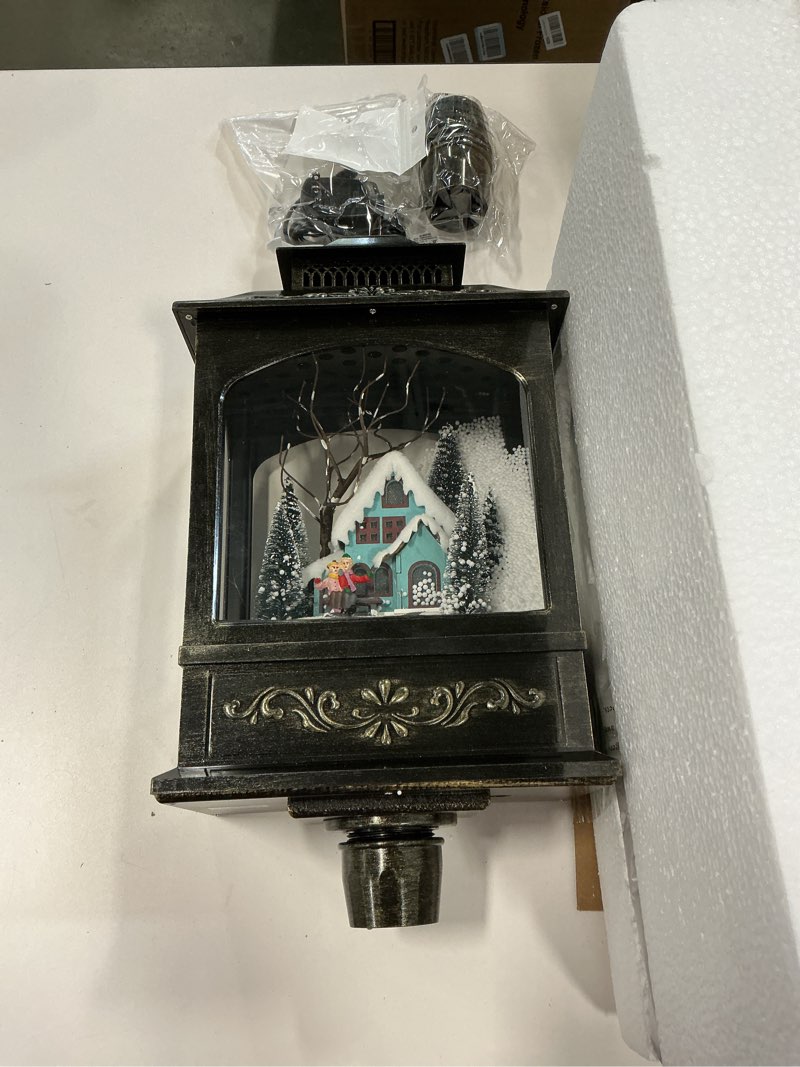 Condition photo showing New/Like New for Roman Musical Lighted Snowblow Lamp Post Blue House Snow Globe, 49-inch Height, Christmas Decoration