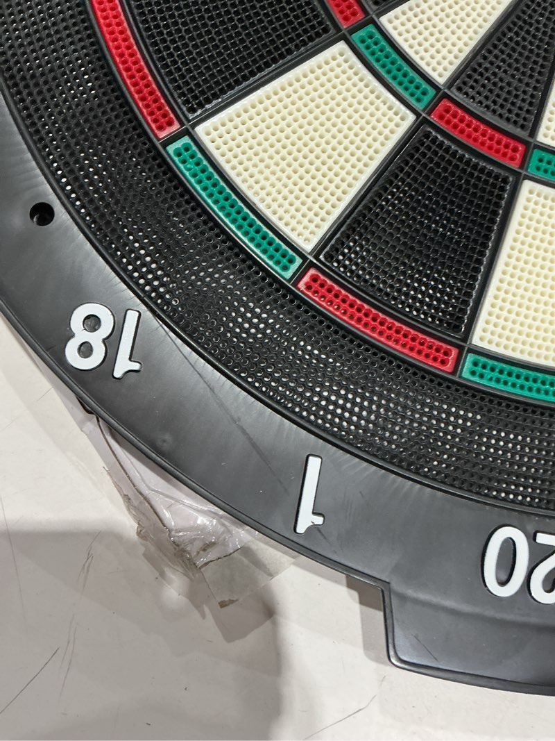 Condition photo showing As Is for 18 inch soft tip dart board for adults, staple-free plastic surface with 6 aluminum darts & 20 extra tips, indoor/outdoor game room bar dartboard set
