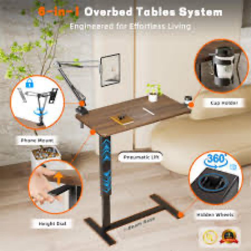 NIUTN Overbed Bedside Table with Wheels, Adjustable Hospital Bedside Desk, Rolling Laptop Table, Mob