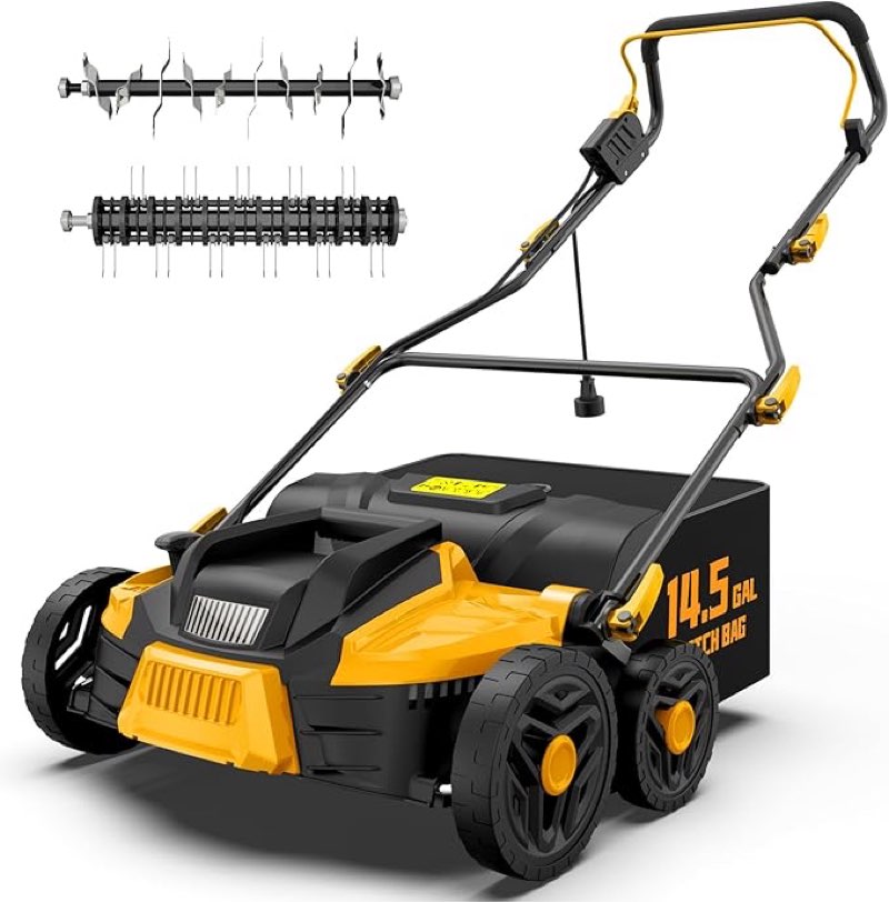 tiectown 16-inch 15.5 amp 2-in-1 electric dethatcher and scarifier with 14.5-gallon removable thatch collection bag, lawn dethatcher with 5-position adjustment, quick-fold, keeps lawn healthy - yellow
