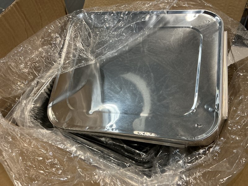 Condition photo showing As Is for alpha living 6 pack - disposable chafing dish buffet set, half size pans, welded body food warmers for parties, fuel cans complete set, warming trays complete kit (with racks)