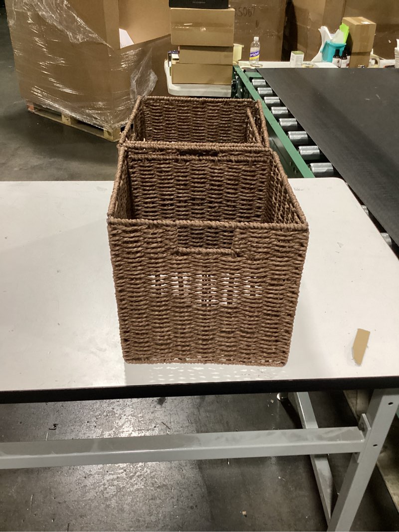 Condition photo showing Good Condition for Vagusicc Wicker Baskets, Set of 2 Hand-Woven Paper Rope Foldable Cubby Storage Bins, Large Wicker Storage Basket for Shelves Pantry Organizing & Decor, Brown (11?×11?×11?)