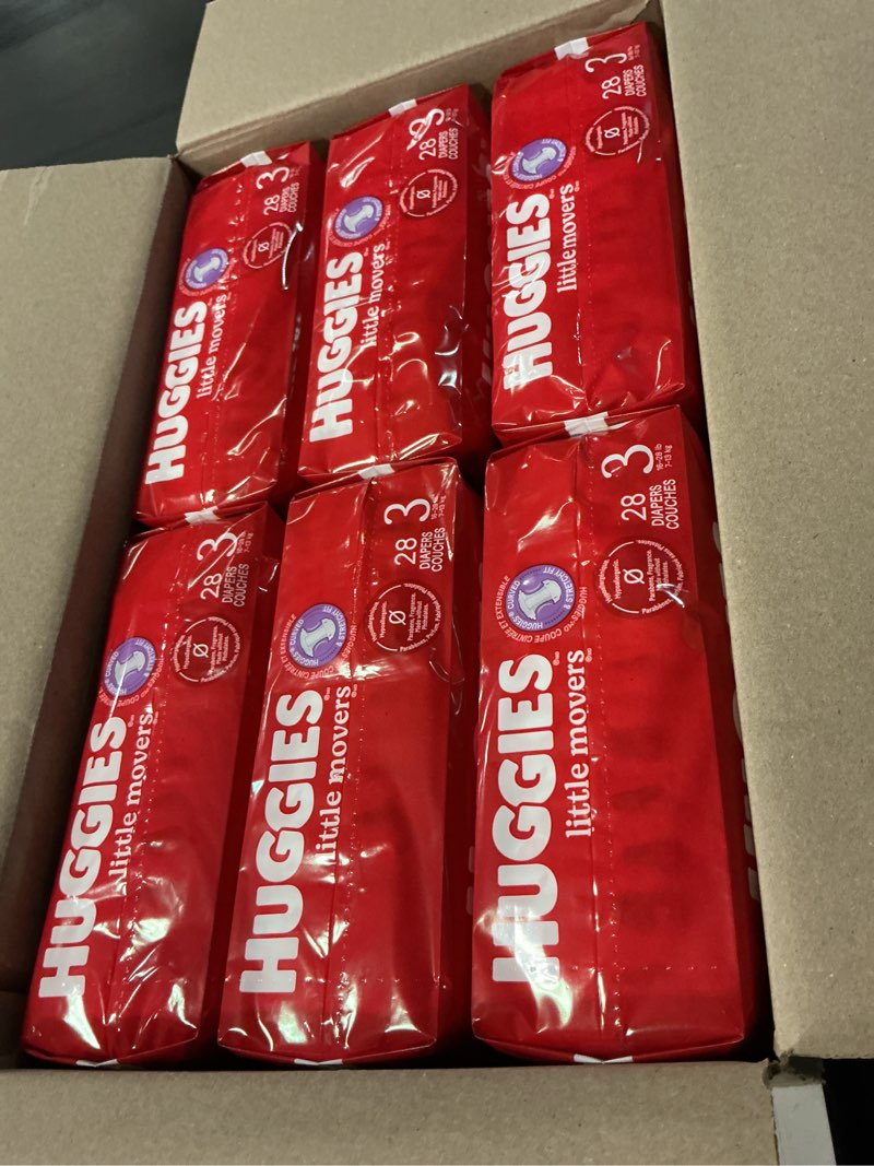 Condition photo showing Good Condition for Huggies Size 3 Diapers, Little Movers Baby Diapers, Size 3 (16-28 lbs), 168 Count (6 Packs of 28), Packaging May Vary